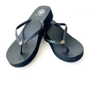 Tory Burch Black Logo Wedge Platform Flip Flops Size 9